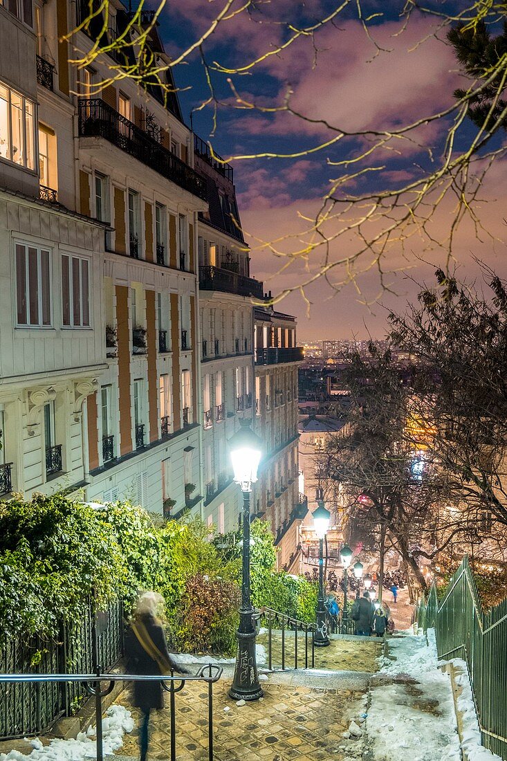 France, Paris, Montmartre, the stairs of parvis, snowfalls on 07/02/2018