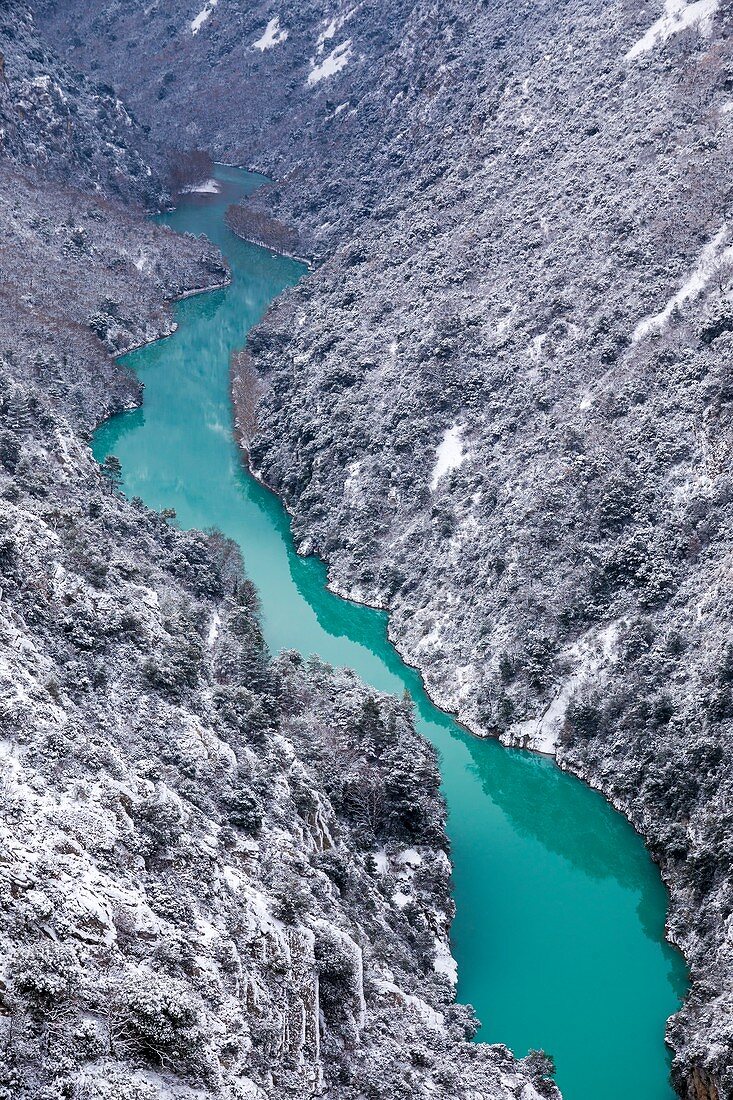 France, Alpes de Haute Provence, regional natural reserve of Verdon, Grand Canyon of Verdon, the Verdon river after a snowfall