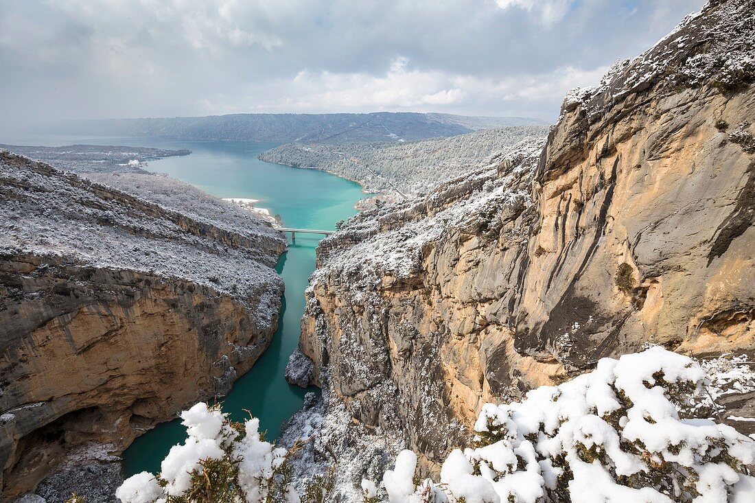 France, Alpes de Haute Provence, regional natural reserve of Verdon, Grand Canyon of Verdon, the Verdon river, the bridge of Galetas and the lake of Sainte Croix seen from the belvedere of the Galetas after a snowfall