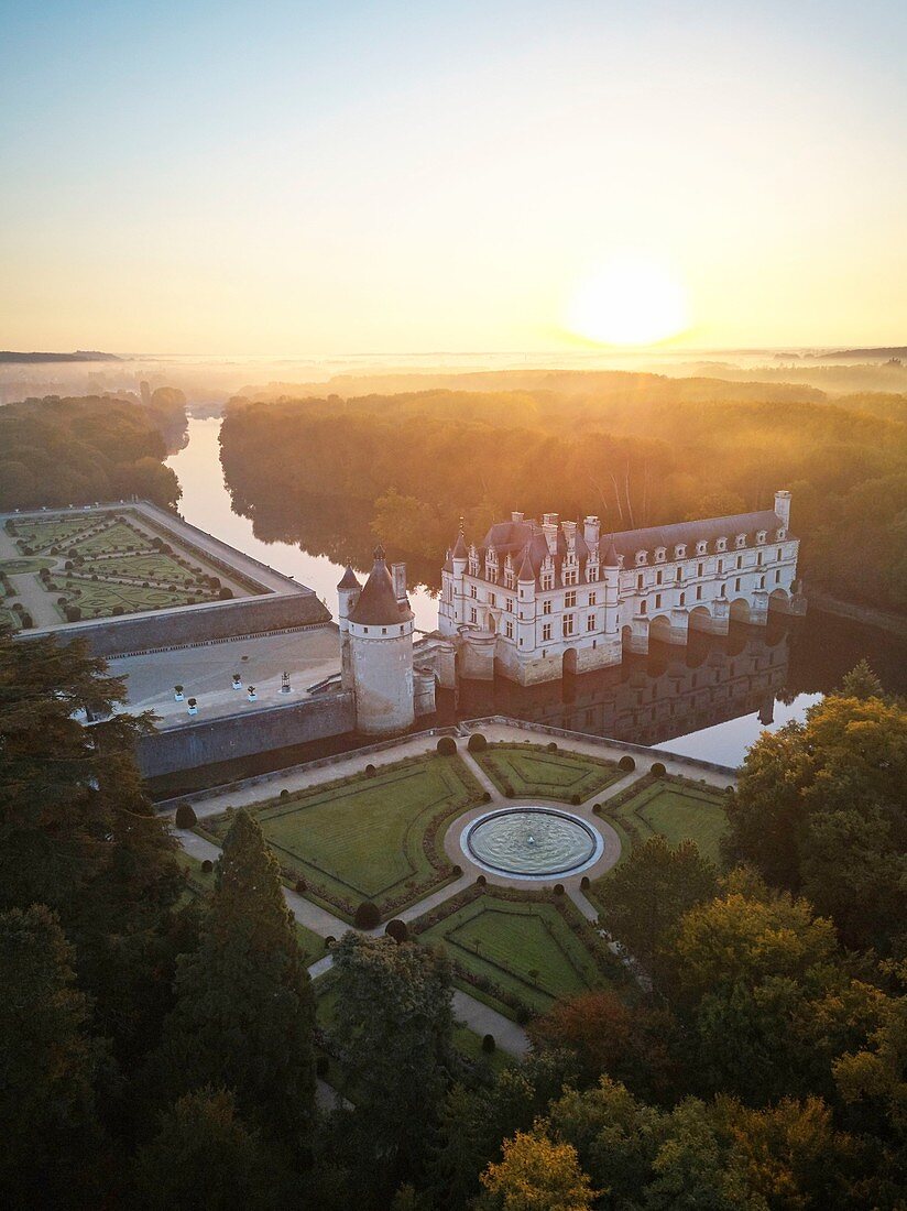 France, Indre et Loire, Loire Valley, castle of Chenonceau listed as World Heritage by UNESCO (aerial view)