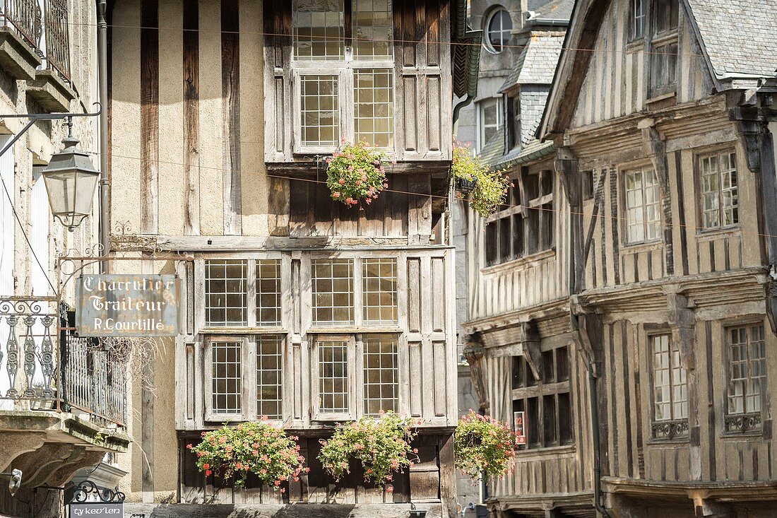 France, Cotes d'Armor, Dinan, the facades of half-timbered houses of Apport street