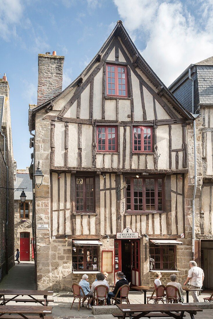 France, Cotes d'Armor, Dinan, creperie in a half-timbered house in Cordonnerie street