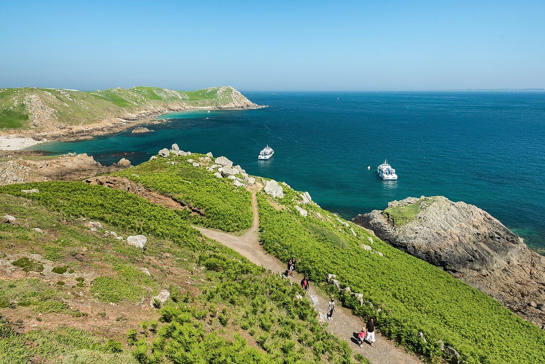 Frankreich, Cotes d'Armor, Perros Guirec, Mönchsinsel im Naturschutzgebiet der sieben Inseln, Bono-Insel im Hintergrund