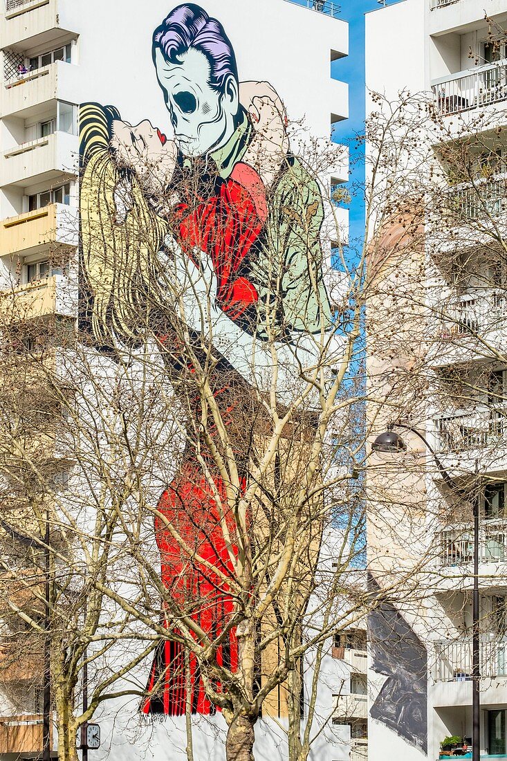 France, Paris, 13th district, Street Art, the work Fougueuse embrace of the artist ©D Face