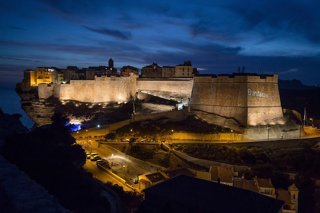 France, Corse du Sud, Bonifacio, the ramparts of the citadel illuminated