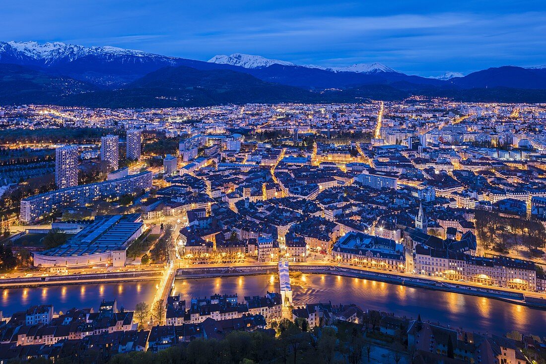 France, Isère, Grenoble, panorama since the fort of the Bastille, view of the collegiate church Saint André and the chain of snowy Belledonne