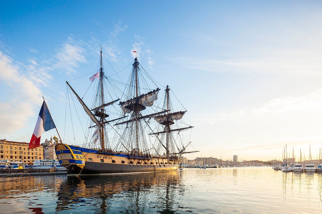 France, Bouches-du-Rhone, Marseille, the Hermione moors from 12 to 16 April 2018 in the Old Port (Vieux-Port)