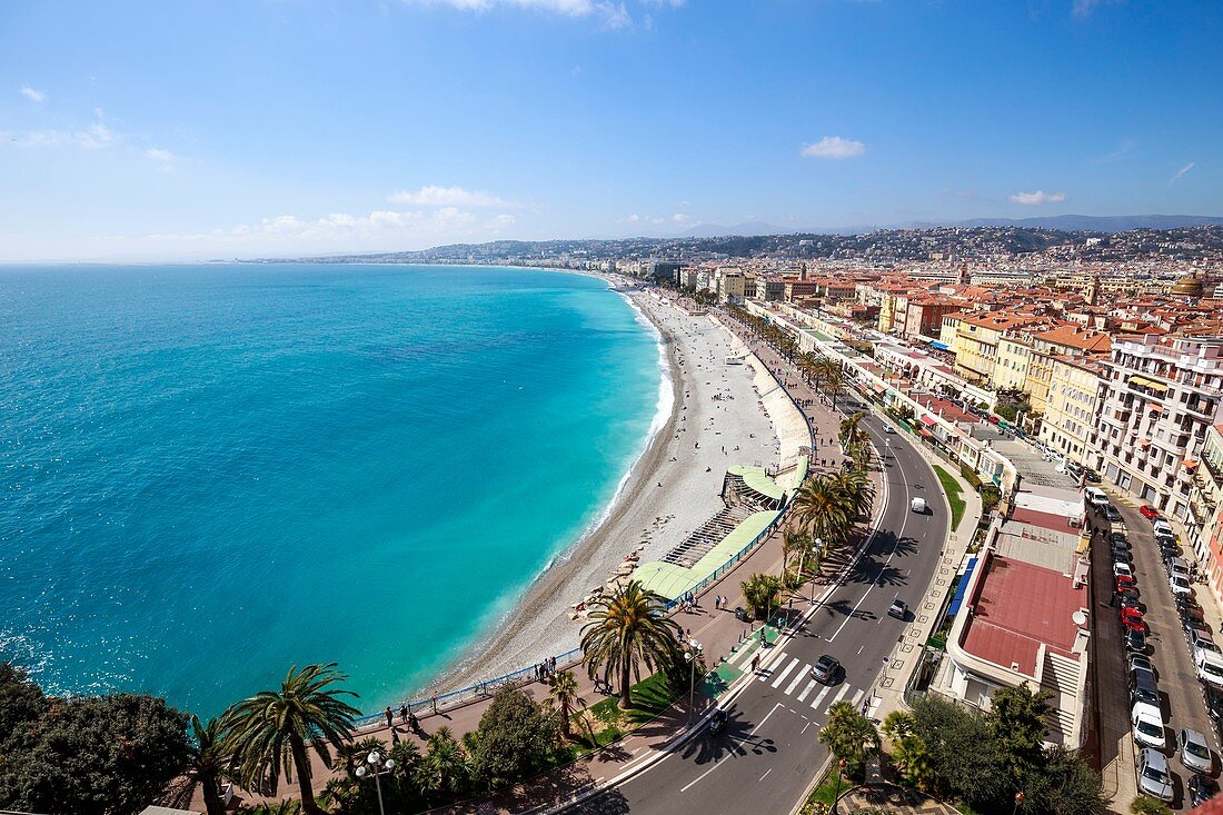 France, Alpes Maritimes, Nice, the Baie des Anges, the beach of Ponchettes and the Quai des Etats Unis and street of Ponchettes from the Tour Bellanda