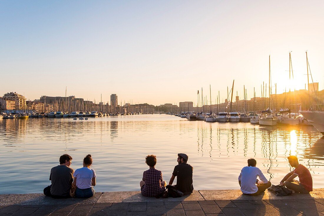 France, Bouches du Rhone, Marseille, sunset on the Old Port