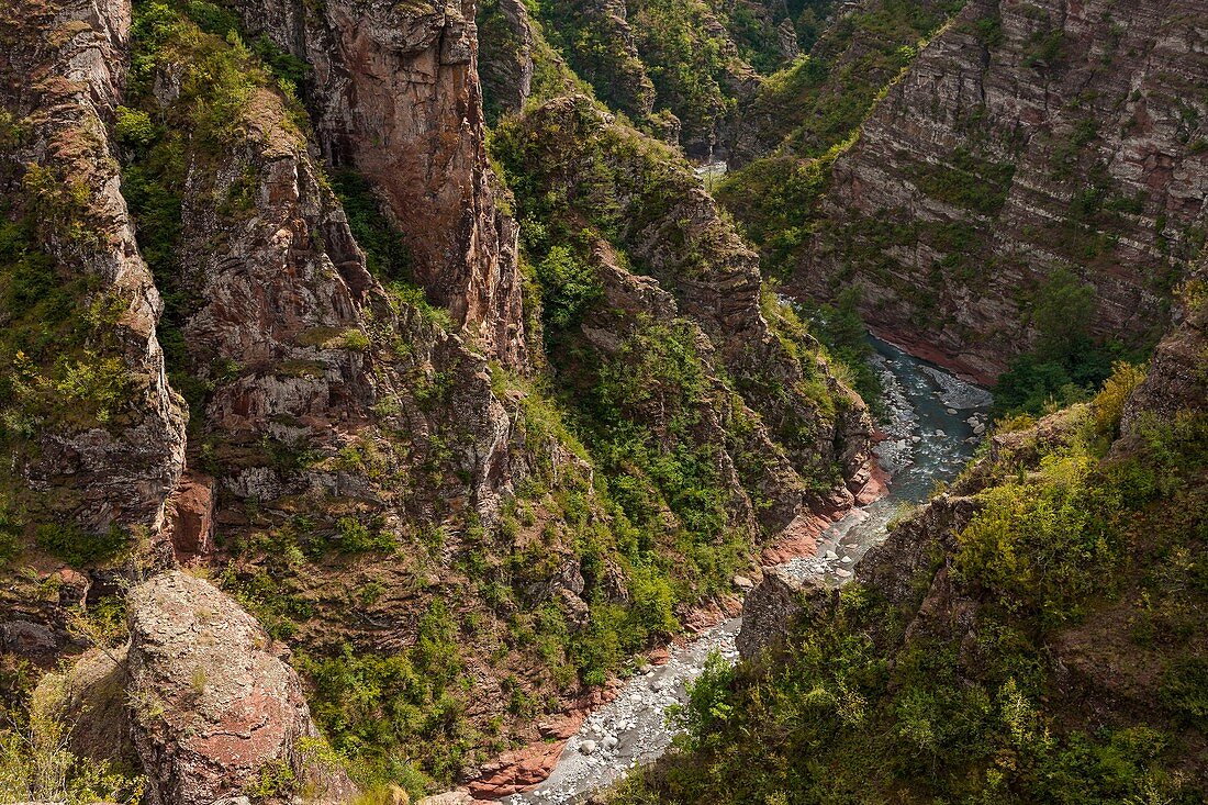 Frankreich, Alpes Maritimes, Mercantour-Nationalpark, Haut Var-Tal, die von den Var in roten Pelitböden gegrabene Daluis-Schlucht