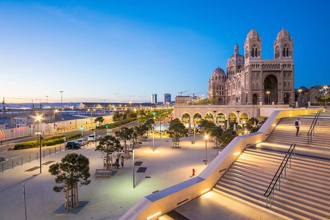 France, Bouches du Rhone, Marseille, Euromediterranee area, La Joliette district, Place des Arts and Boulevard Euromediterranee, terraces of the Vaults of La Major and La Major basilica (19th century) listed as a Historic Monument