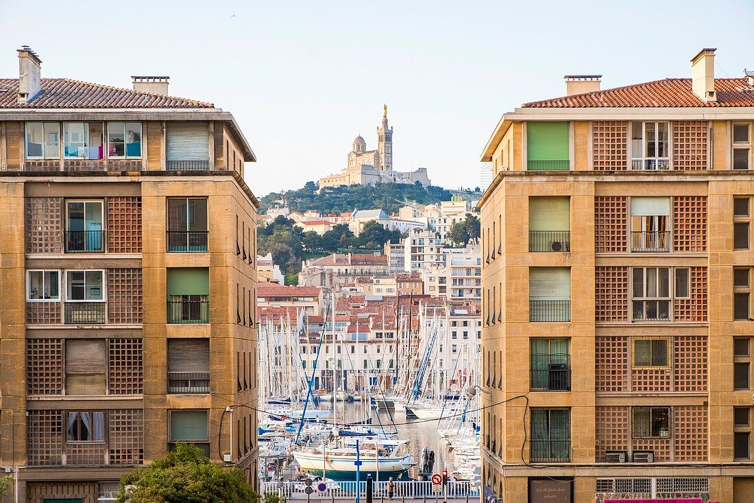 France, Bouches du Rhone, Marseille, Vieux Port, the Pouillon and Notre Dame de la Garde buildings