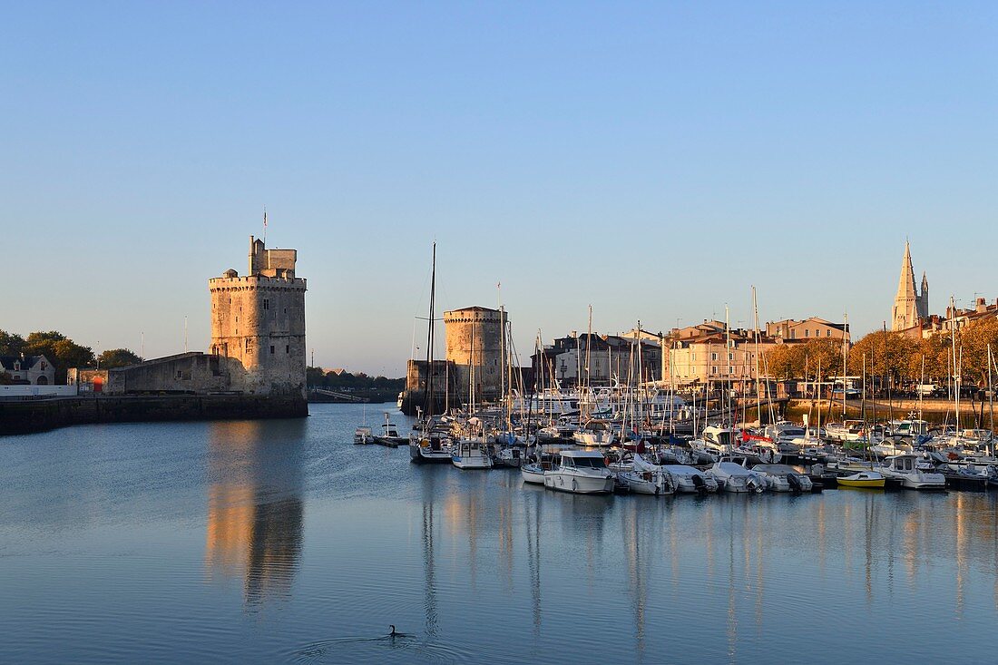 France, Charente-Maritime, La Rochelle, the Vieux Port (Old Port) with Saint Nicolas tower and Chain tower left and Tour de la Lanterne (Lantern tower)