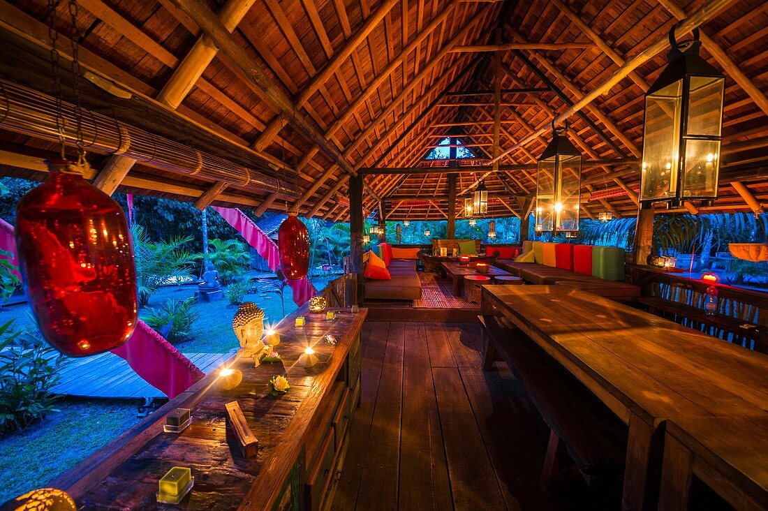 France, French Guiana, Kourou, Wapa Lodge main hut at nightfall