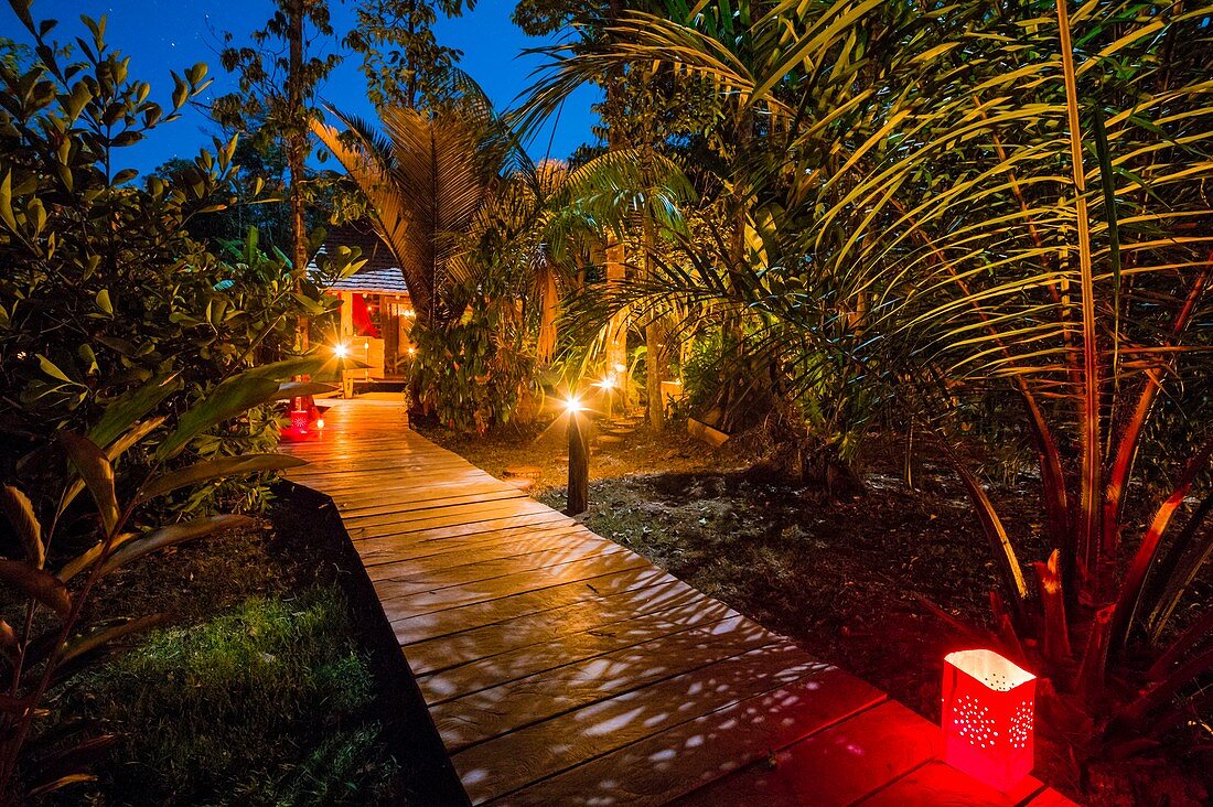 France, French Guiana, Kourou, resting huts and terraces, Wapa Lodge by night
