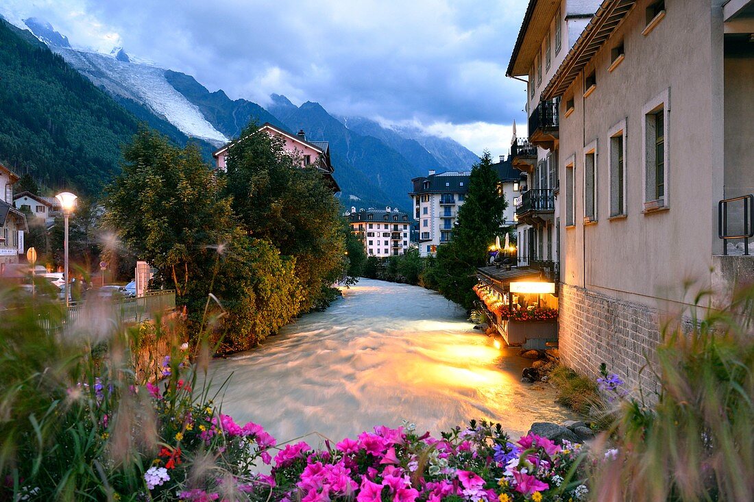 France, Haute Savoie, Chamonix town crossed by the Arve river and Mont Blanc (4810m)