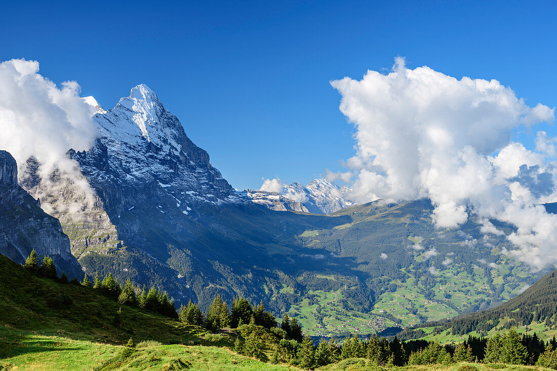 Blick auf Eiger und Kleine Scheidegg, von der Großen Scheidegg, Grosse Scheidegg, Berner Oberland, UNESCO Weltnaturerbe Schweizer Alpen Jungfrau-Aletsch, Berner Alpen, Bern, Schweiz