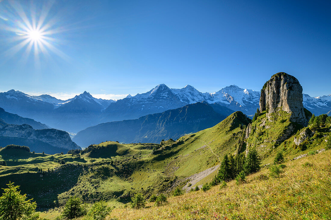 View of Gumihorn with Eiger, Mönch and Jungfrau in the background, from Schynigen Platte, Grindelwald, Bernese Oberland, UNESCO World Natural Heritage Swiss Alps Jungfrau-Aletsch, Bernese Alps, Bern, Switzerland