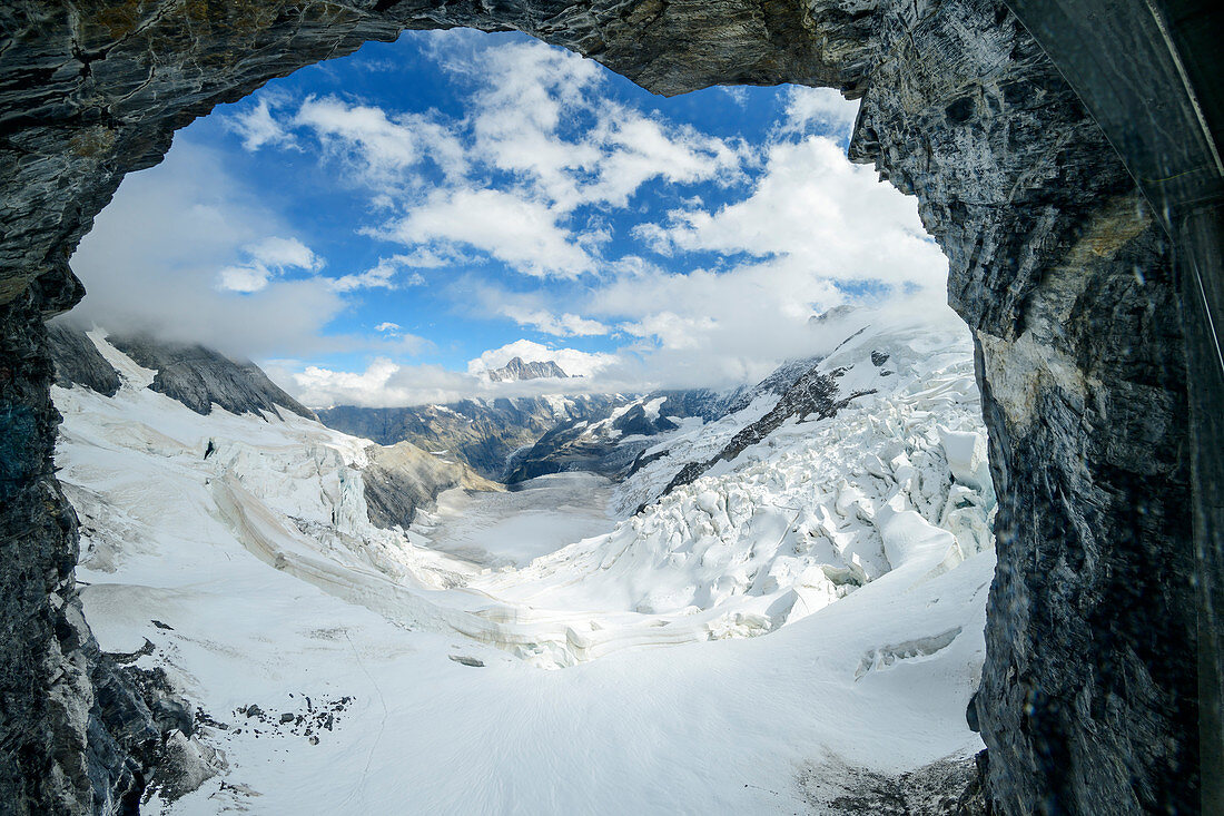View through tunnel hole of Eismeer station, Jungfraujochbahn, Jungfraujoch, Bernese Oberland, UNESCO World Natural Heritage Swiss Alps Jungfrau-Aletsch, Bernese Alps, Bern, Switzerland