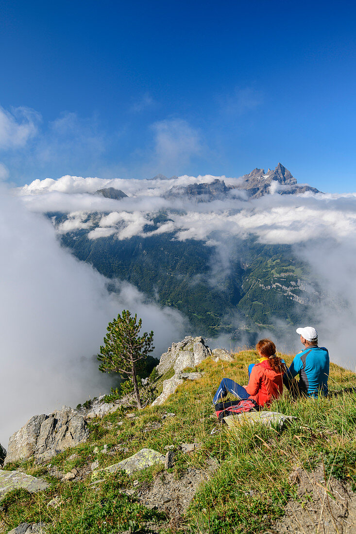 Man and woman while hiking sit on mountain meadow and look at sea of clouds with Dents du Midi, from Dent de Morcles, Bernese Alps, Vaud, Vaud, Switzerland