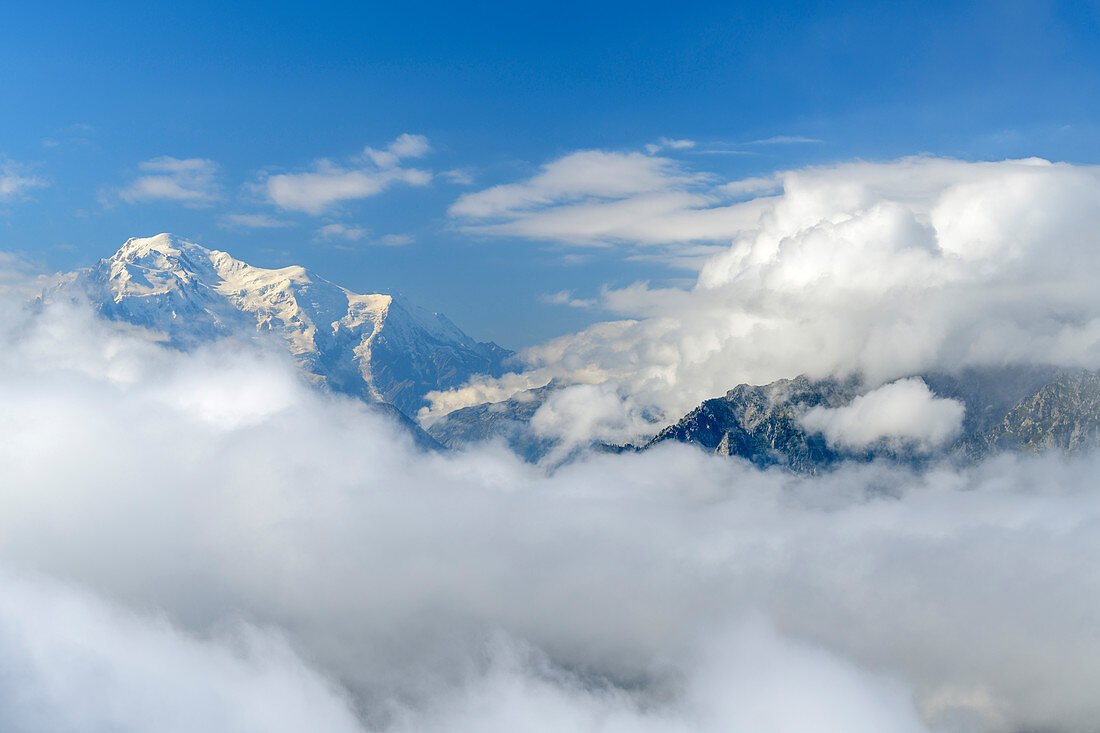 Summit of Mont Blanc protrudes from clouds, from Dent de Morcles, Bernese Alps, Vaud, Vaud, Switzerland