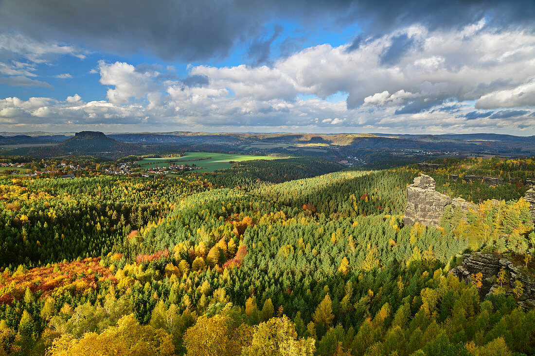 View down from Papststein to autumn-colored forest, Papststein, Saxon Switzerland National Park, Saxon Switzerland, Elbe Sandstone, Saxony, Germany