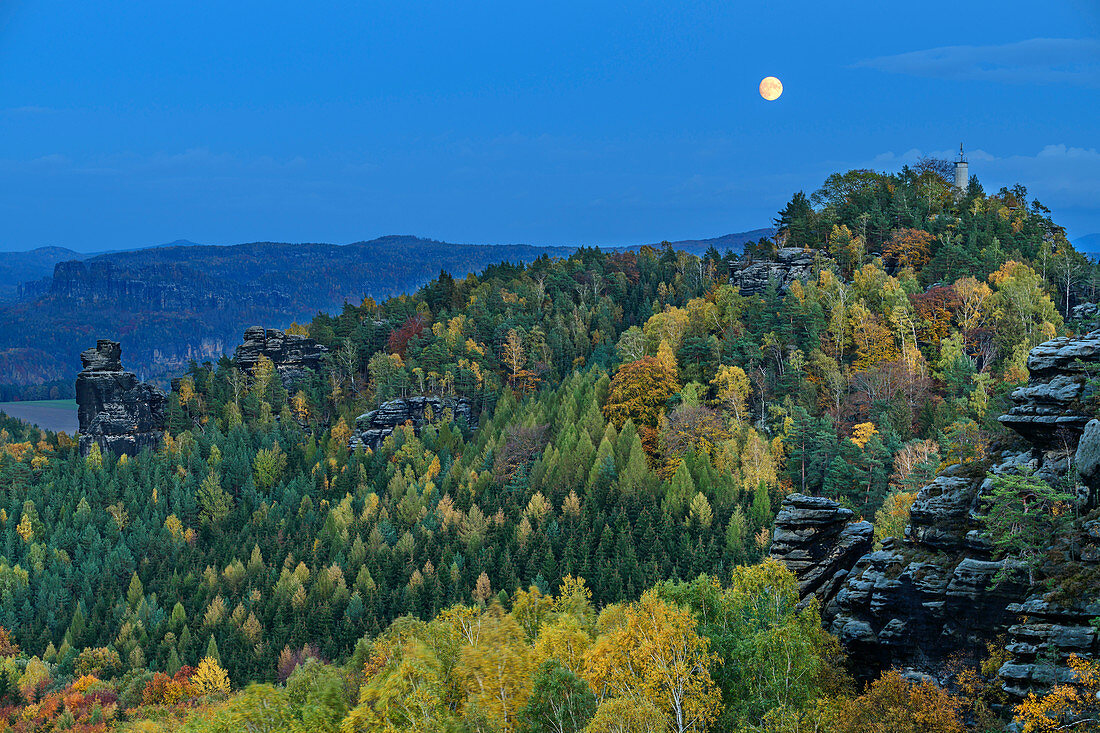 Full moon over Gohrisch, from Gohrisch, Saxon Switzerland National Park, Saxon Switzerland, Elbe Sandstone, Saxony, Germany