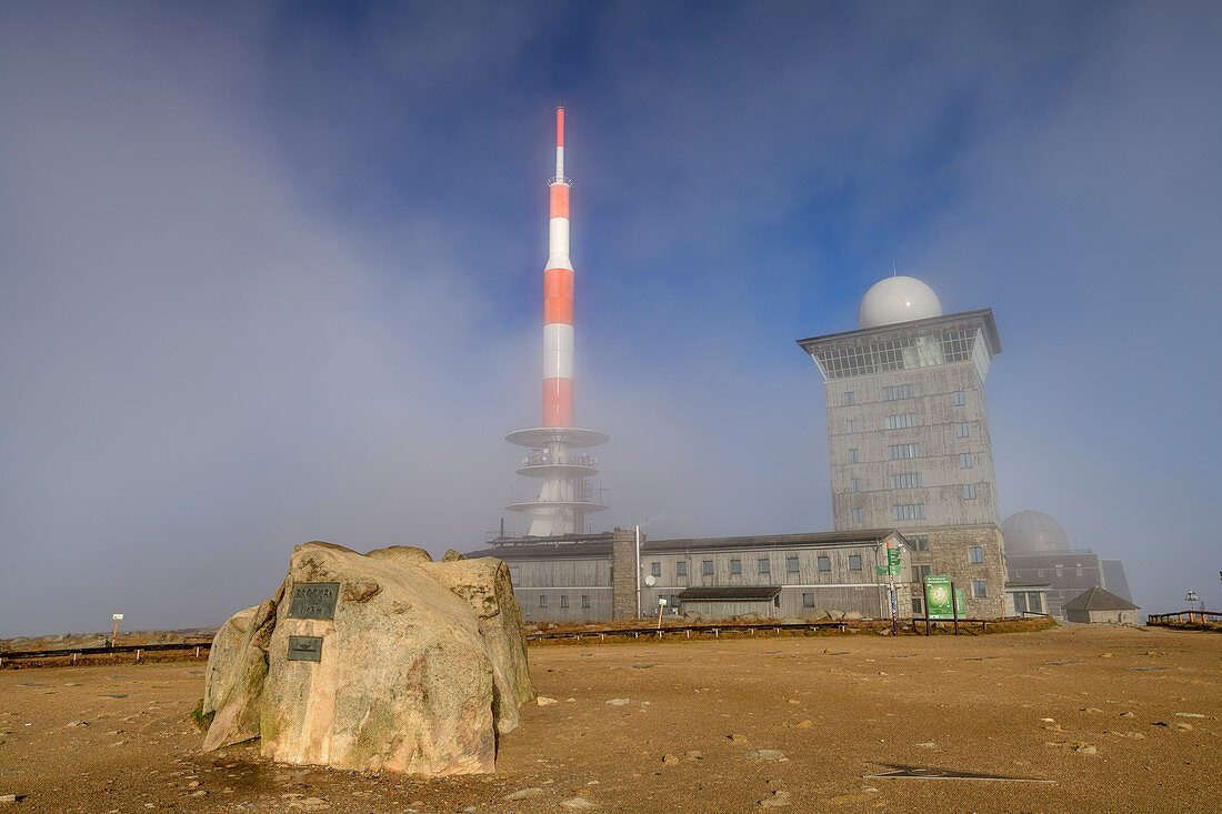 Fog mood at the Brocken summit with transmitter systems, Brocken, Harz National Park, Harz, Saxony-Anhalt, Germany