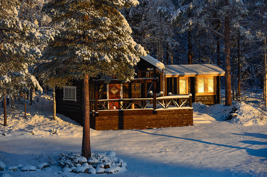 Kleines Ferienhaus in der Wintersonne im Wald, Slagnäs, Lappland, Schweden