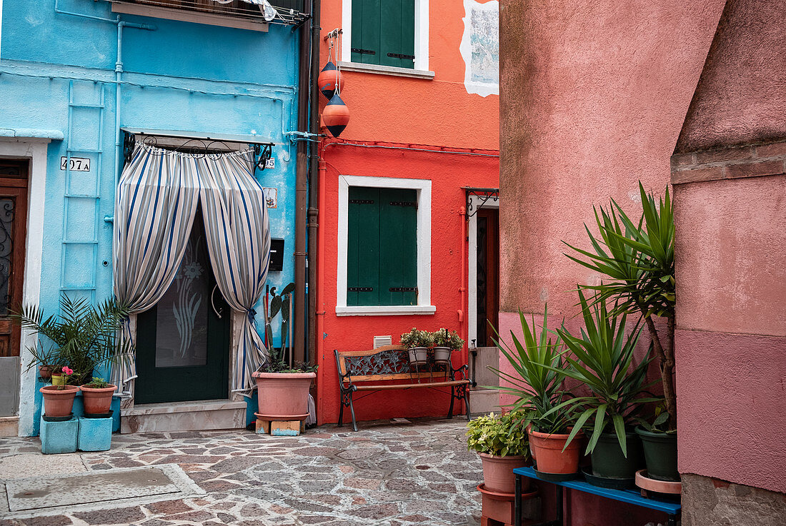 View of the colorful facades in Burano, Venice Lagoon, Veneto, Italy, Europe