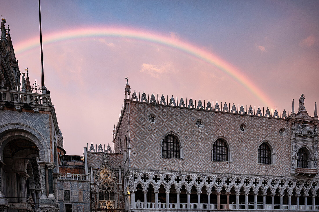 View of the Doge's Palace, Palazzo Ducale with rainbow, San Marco, Venice, Veneto, Italy, Europe