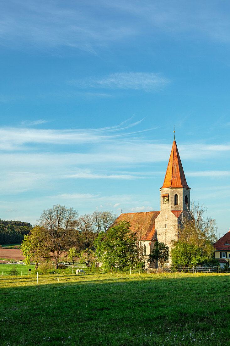 View of the church of Kirchrimbach, Burghaslach, Neustadt an der Aisch, Middle Franconia, Franconia, Bavaria, Germany, Europe