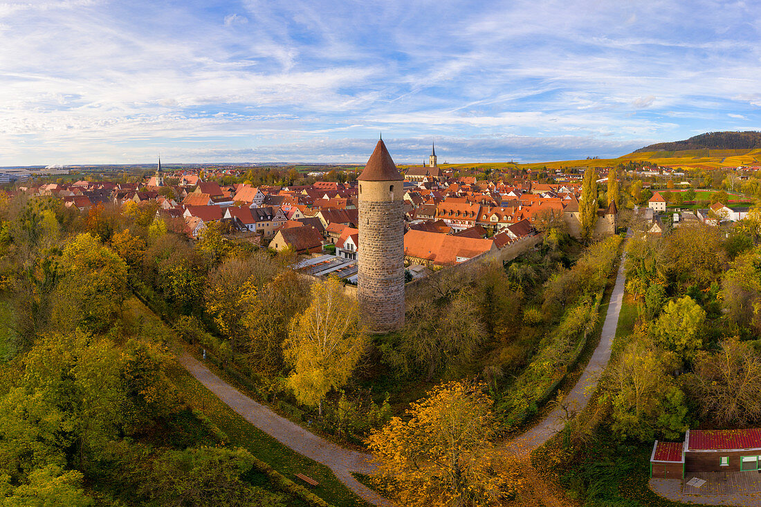 The Owl Tower in late autumn, Iphofen, Kitzingen, Lower Franconia, Franconia, Bavaria, Germany, Europe