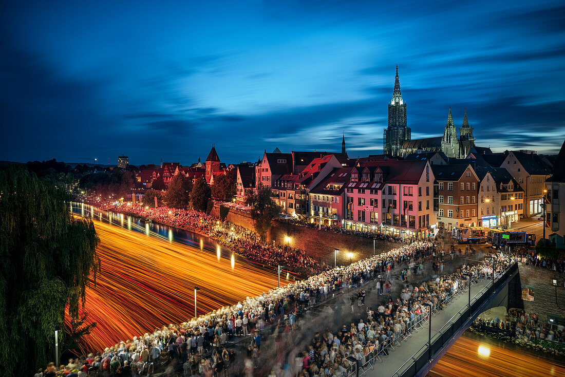 extreme long exposure during the light serenade in Ulm, Danube, Swabian Alb, Baden-Württemberg, Germany