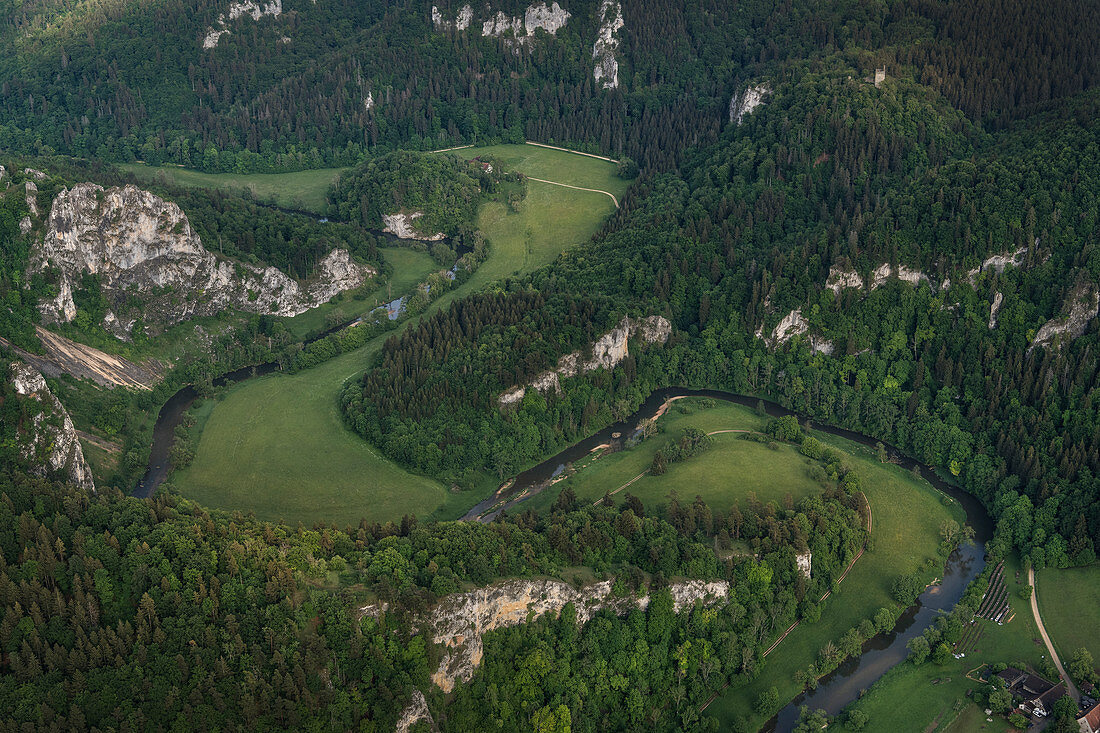 Curving and wild Danube in the breakthrough valley near Fridingen, aerial view of the Upper Danube Valley Nature Park, Danube, Germany