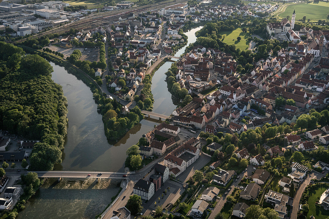 Aerial view of old town and confluence of the Danube and Wörnitz, Donauwörth, Donau-Ries district, Bavaria, Germany