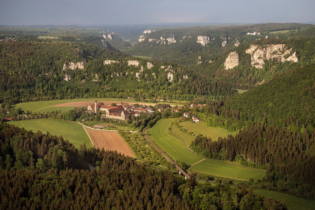 Beuron Abbey, aerial view of the Upper Danube Valley Nature Park, Sigmaringen district, Danube, Germany
