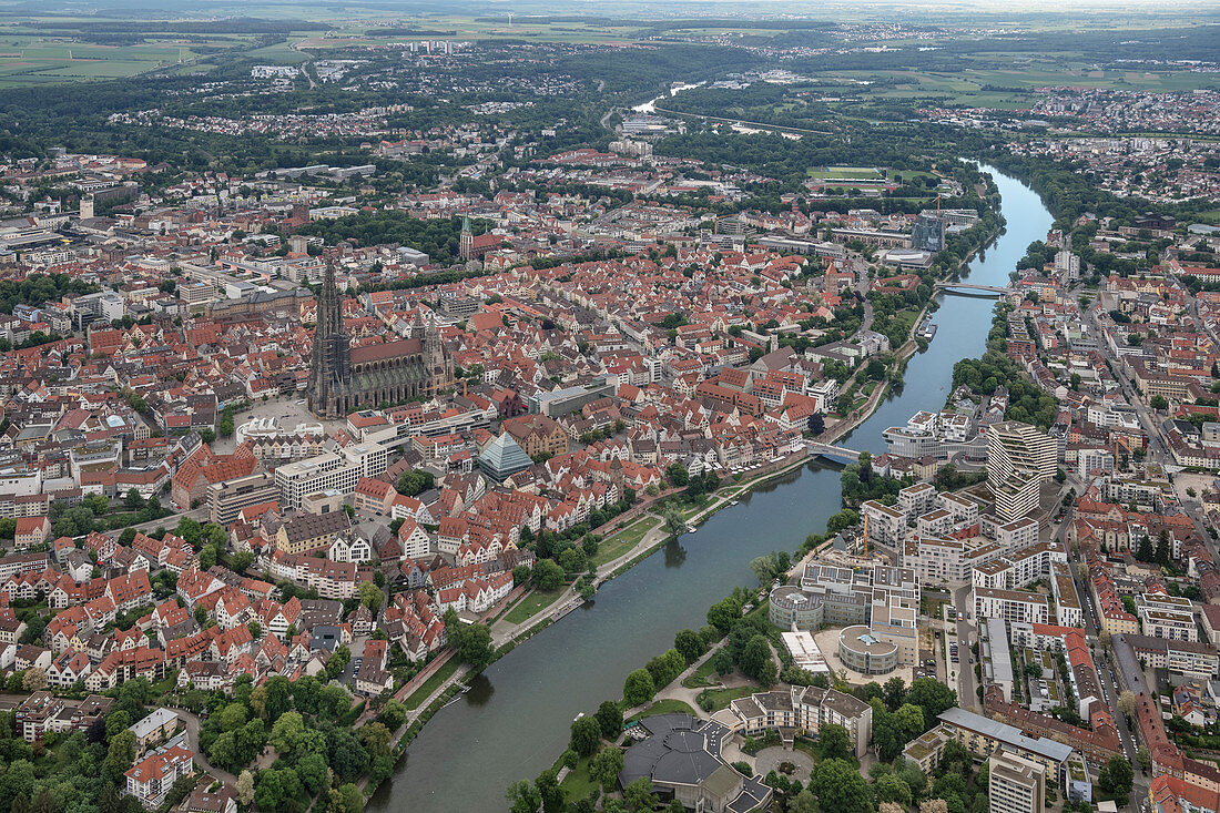 Aerial view of Ulm and Neu-Ulm, Danube, Swabian Alb, Baden-Württemberg, Germany