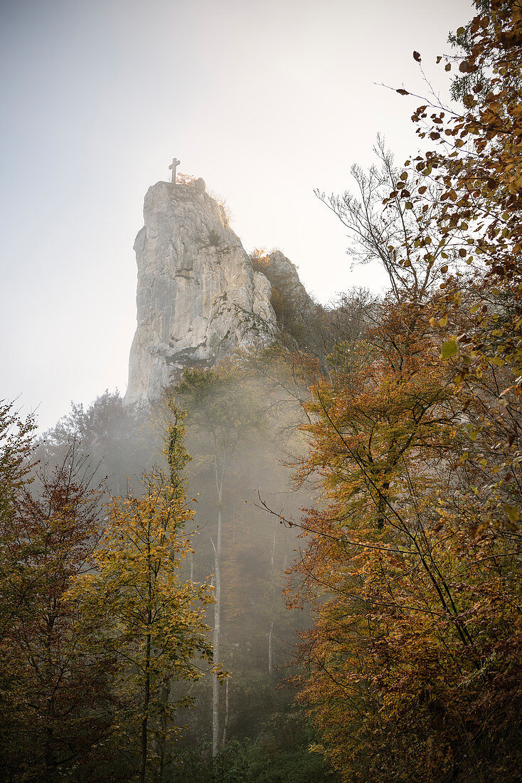 distinctive pointed rock above Beuron in the Sea of Fog, Upper Danube Valley Nature Park, Danube, Germany