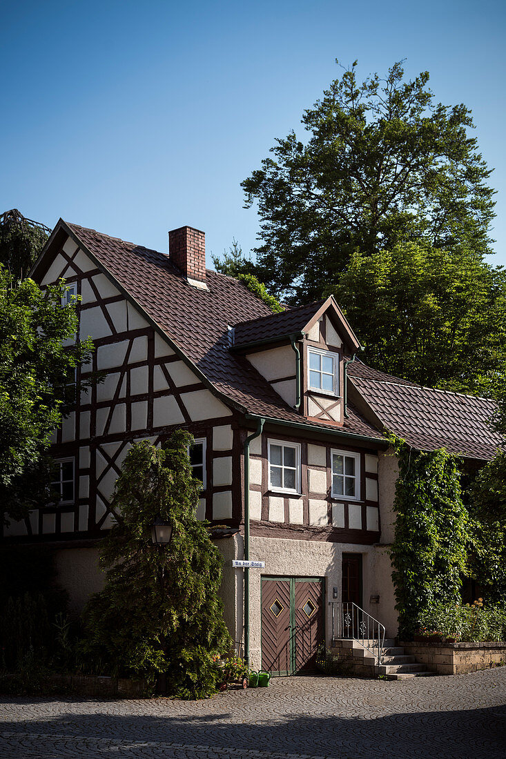 Half-timbered houses in the upper town of Mühlheim an der Donau, Baden-Württemberg, Germany