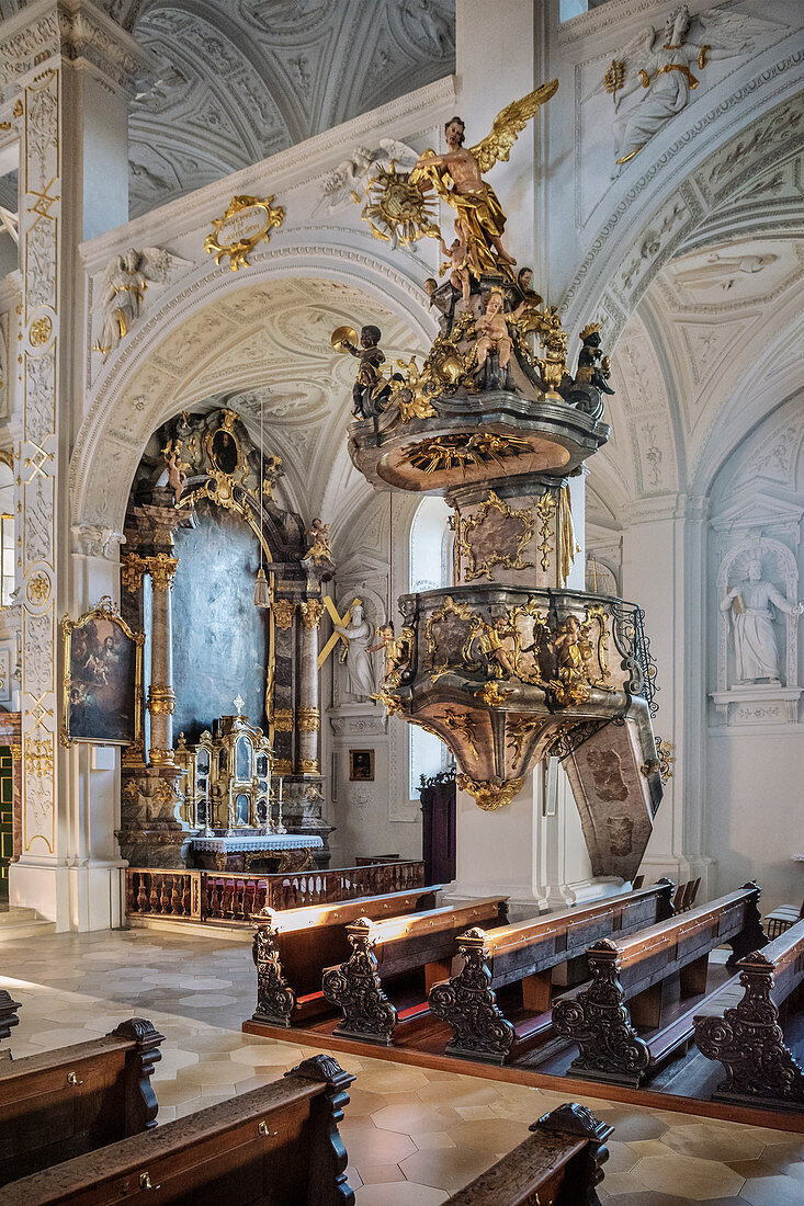 Pulpit and altar in Hofkirche am Karlsplatz, Neuburg an der Donau, Neuburg-Schrobenhausen district, Bavaria, Germany