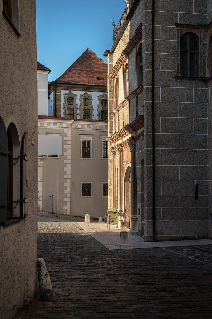 Castle chapel with a view of the castle, Neuburg an der Donau, Neuburg-Schrobenhausen district, Bavaria, Germany