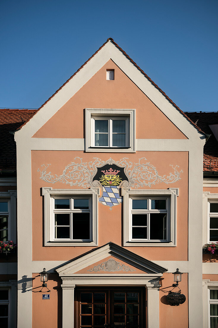 Coat of arms as a mural on the town hall, Rain am Lech, Donau-Ries district, Bavaria, Danube, Germany