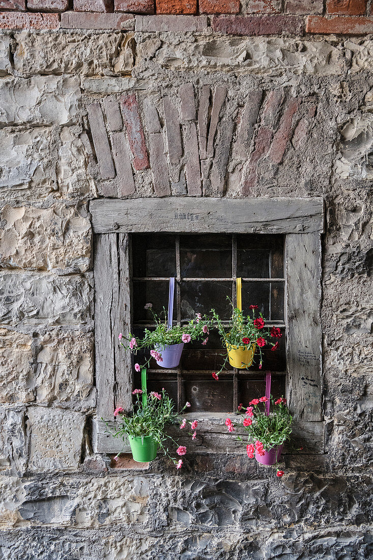 bunte Blumen Deko hängt an historischem Haus beim Schloss in Sigmaringen, Baden-Württemberg, Donau, Deutschland