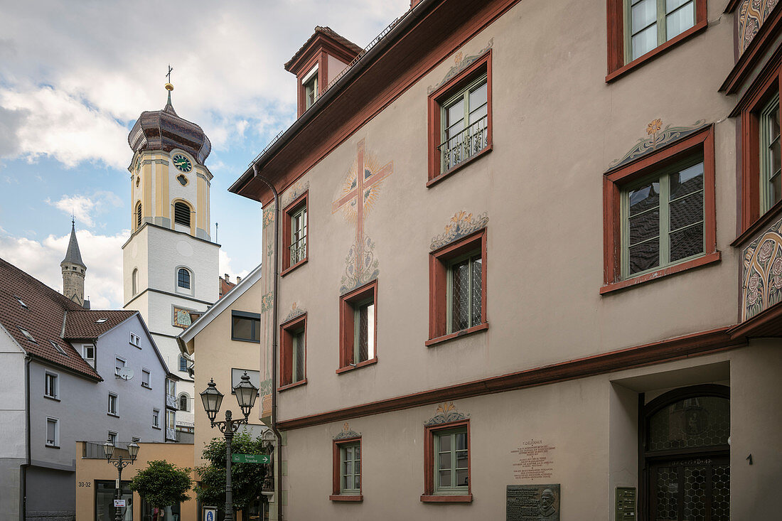 Painting on the Fidelishaus and St Johann church tower in Sigmaringen, Baden-Wuerttemberg, Danube, Germany