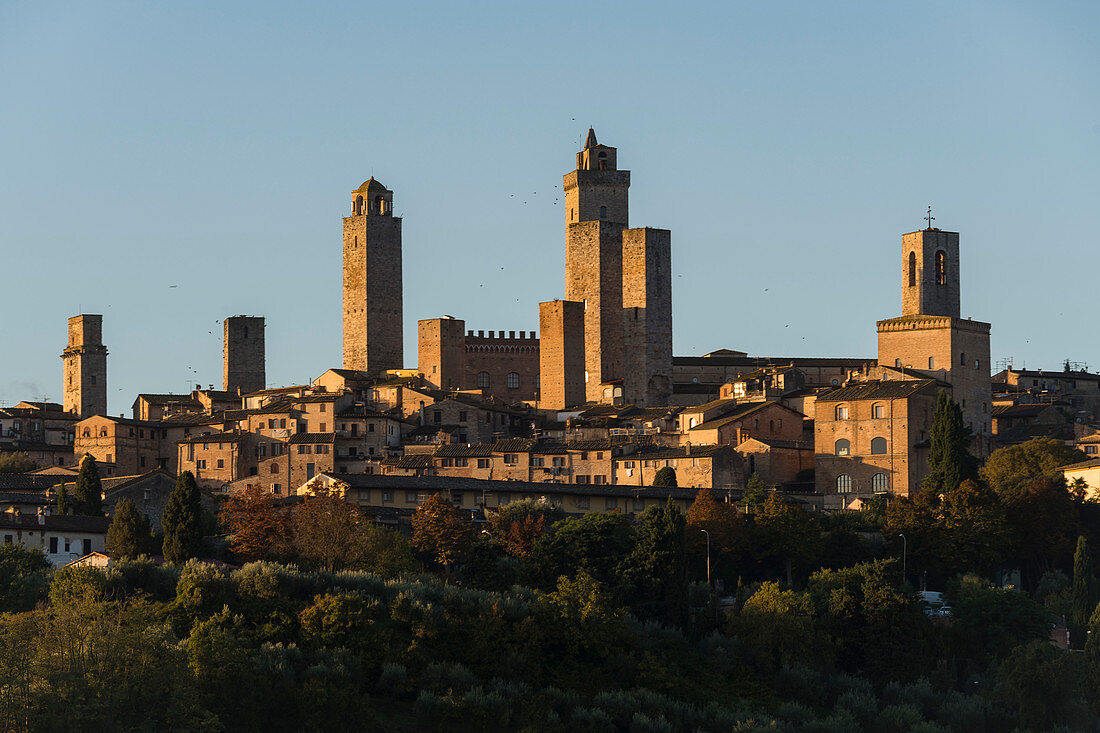 First light on the towers of San Gimignano, Province of Siena, Tuscany, Italy