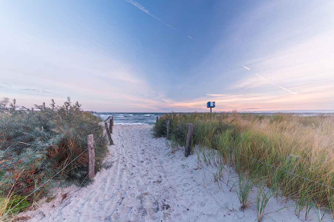 Beach path to the sea in Heiligenhafen, Baltic Sea, Ostholstein, Schleswig-Holstein, Germany