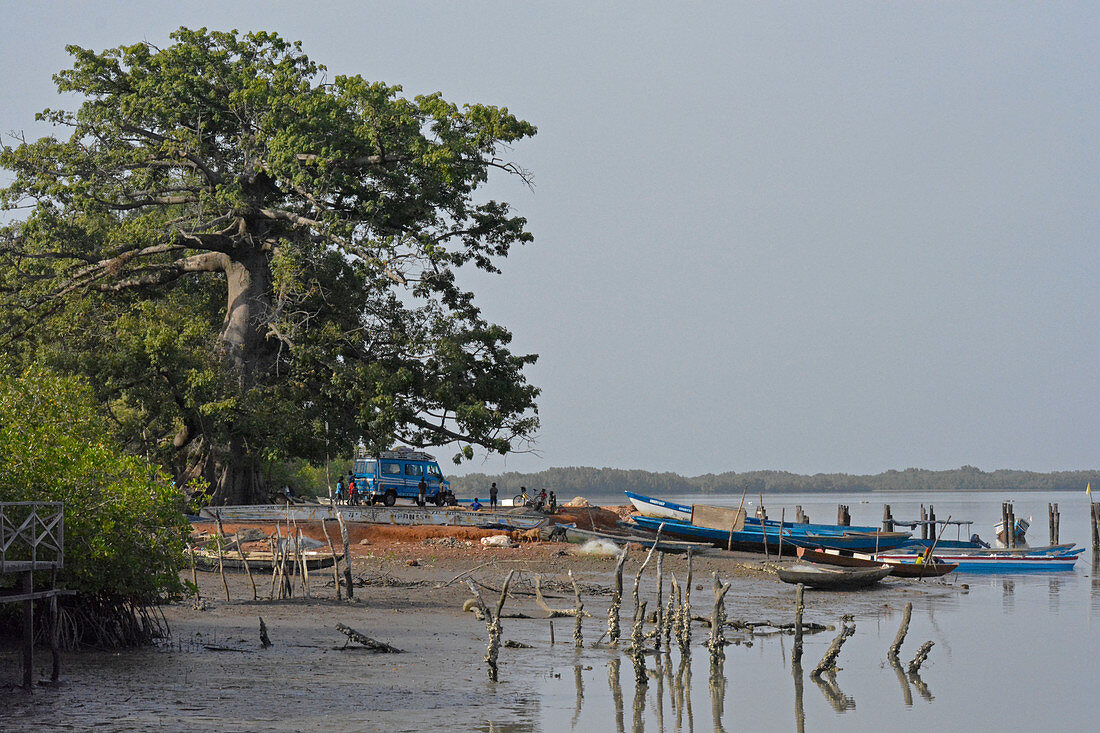 Gambia; am Bintang Bolong; Hafen im Dorf Bintang; Fischerboote am Ufer; Buschtaxi im Hintergrund wartet auf Fahrgäste