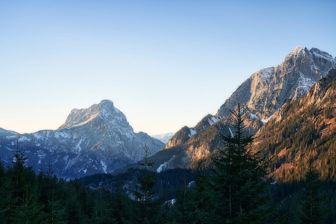 Gesäuse mountains in sunset: Admonter Kaibling, Sparafeld, Admonter Reichenstein and Großer Ödstein (from left), Styria, Austria.