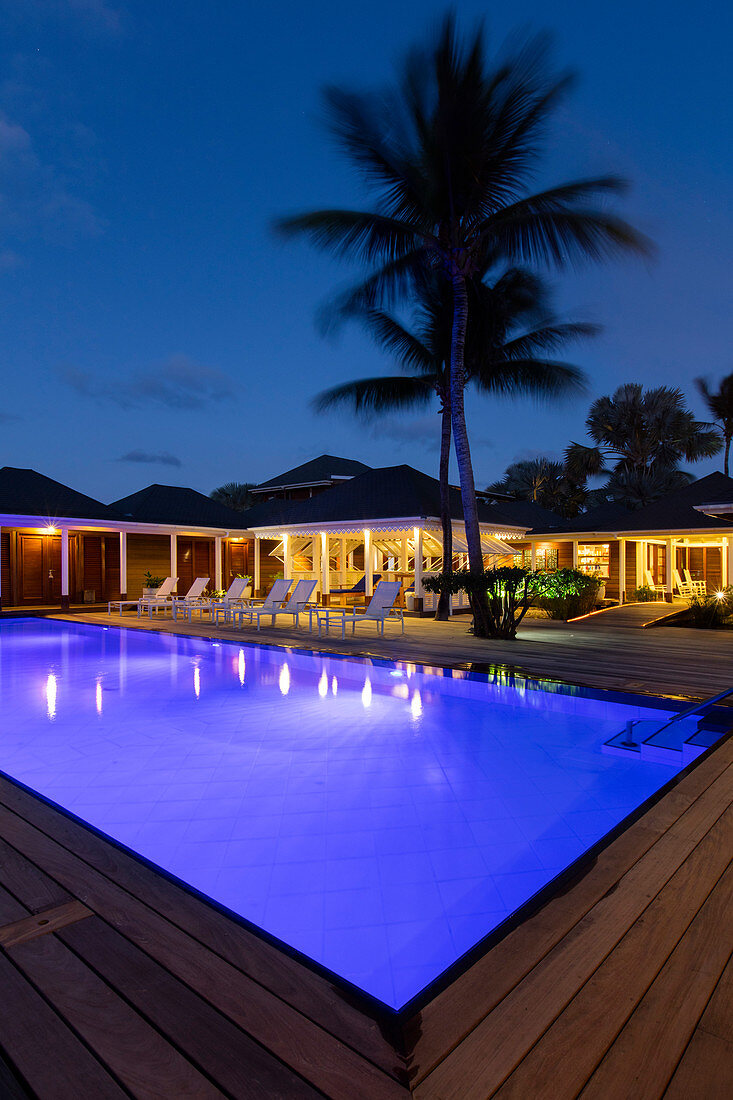 Nightshot of illuminated, blue pool, with blue-night sky and palm tree, St. Barths.